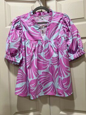 NWT Women's Mary Square Maggie Top Pink Blue Tropical Print Blouse Medium